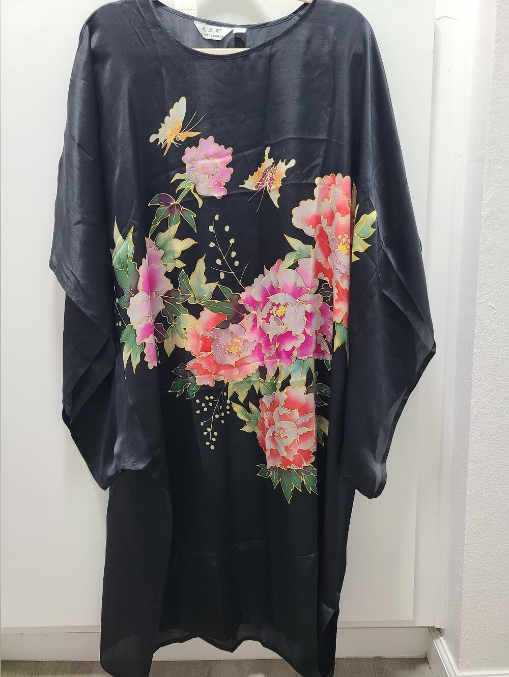VTG Yisihan 100% Silk Hand Painted Peony Butterfly Kaftan Dress Kimono OSFM Y2K
